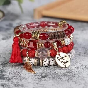Bracelet Red & White Bohemian Pendant Tassel Beaded Bracelet 4-pcs.